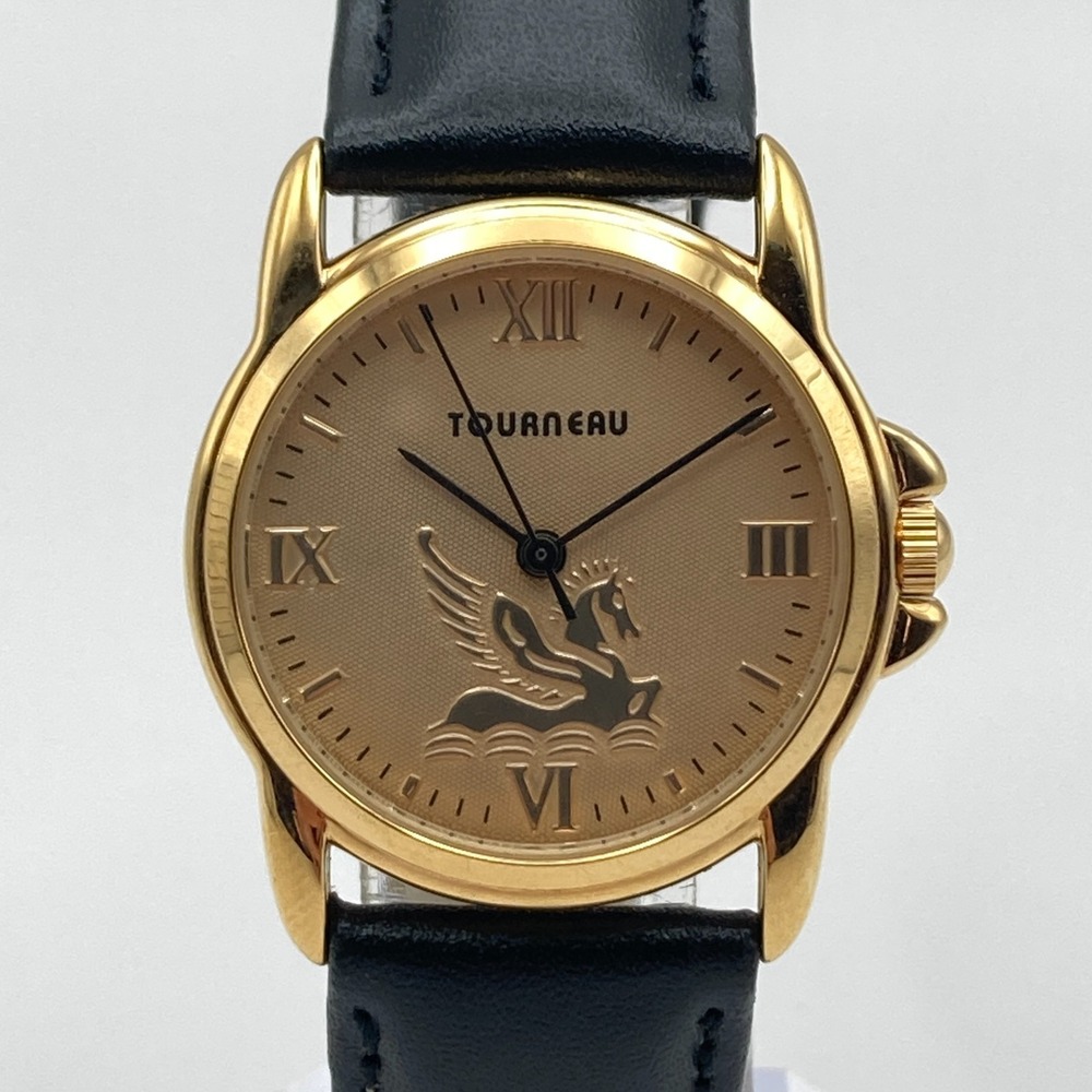 Tourneau Pegasus Watch Women 30mm Gold Tone Black Leather 30M New Battery 8.25"